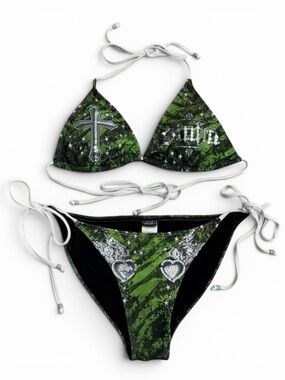 Y2K Sinful Affliction Grace Tieside Sequin Bikini Set Green (M Top S Bottoms)
